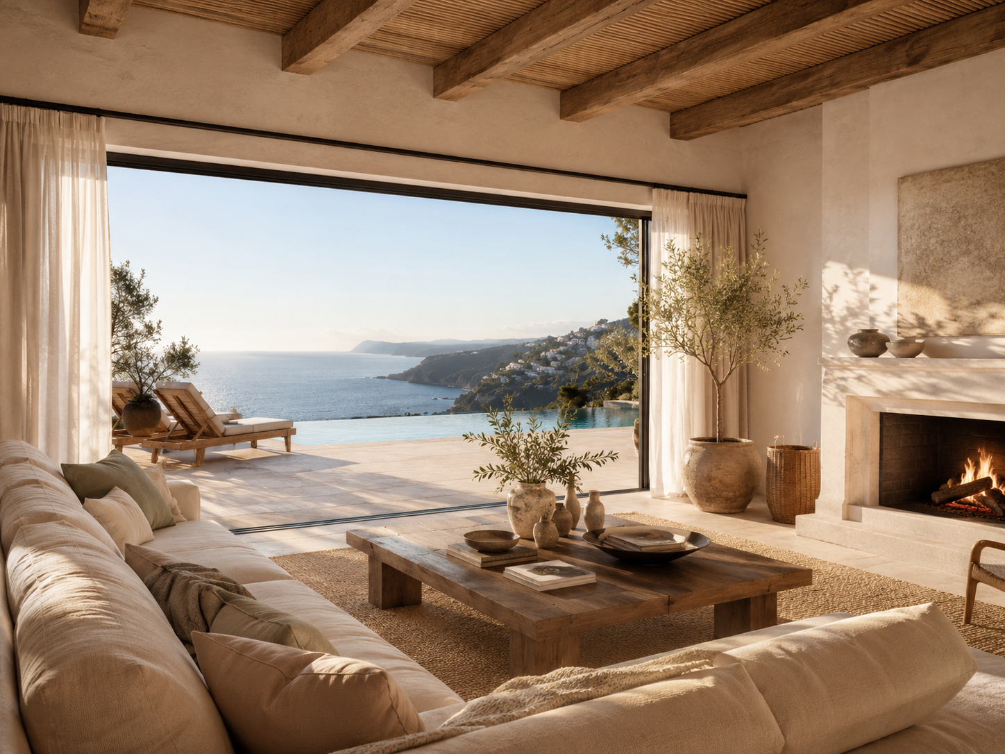 Luxury villa living room with coastal view