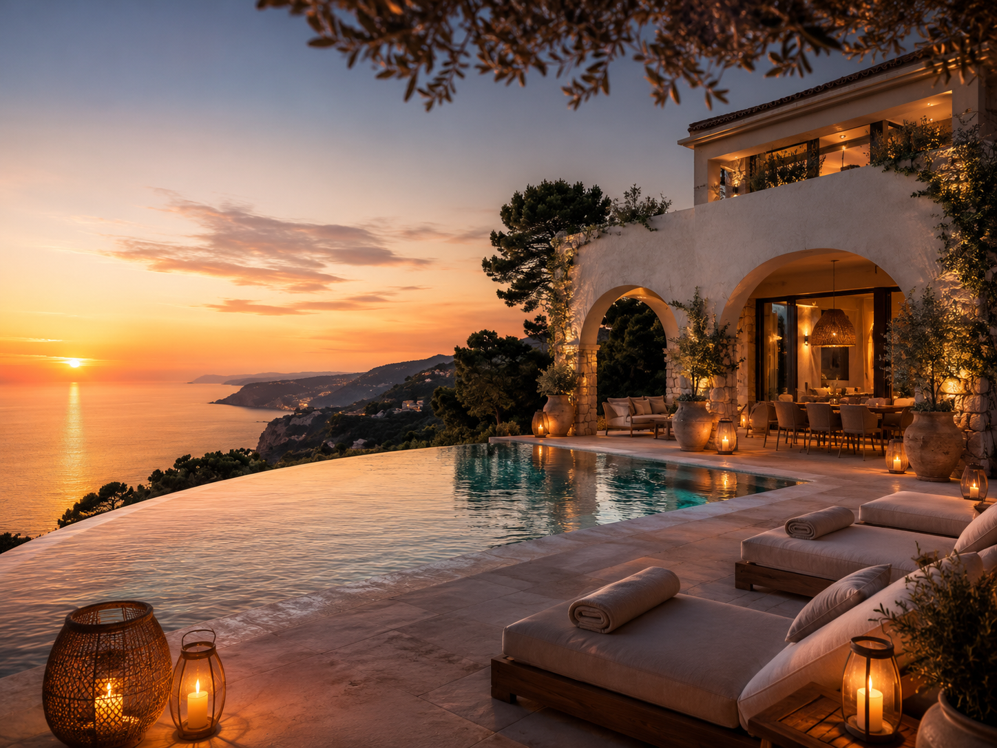 Luxury villa pool at sunset